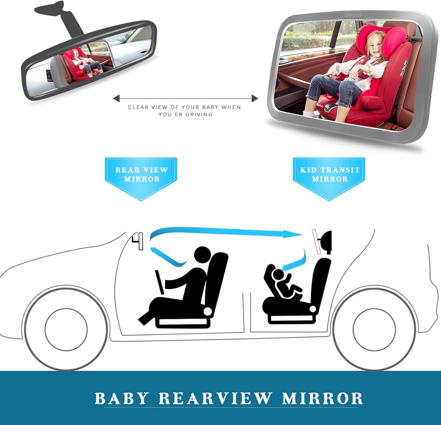 Shynerk Baby Car Mirror, Safety Car Seat Mirror for Rear Facing Infant with Wide Crystal Clear View, Shatterproof, Fully Assembled, Crash Tested and Certified