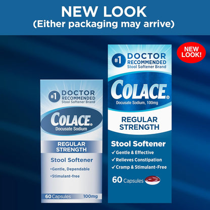 Colace Regular Strength Stool Softener 100 mg Capsules 60 Count Docusate Sodium Stool Softener for Gentle Dependable Relief