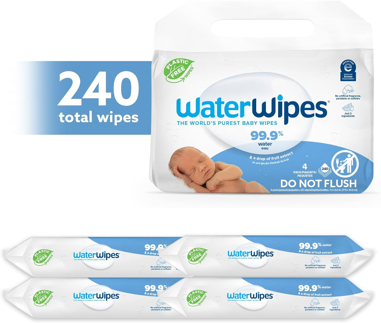 WaterWipes Plastic-Free Original Baby Wipes, 99.9% Water Based Wipes, Unscented & Hypoallergenic for Sensitive Skin, 60 Count (Pack of 12), Packaging May Vary