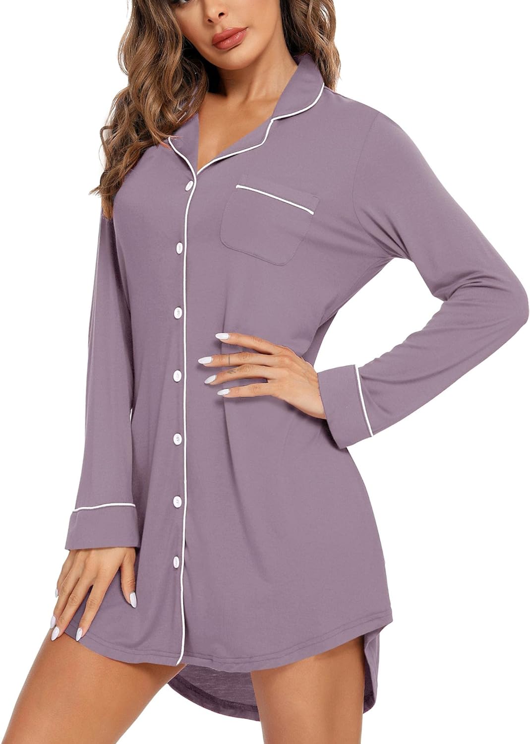 Leikar Nightgowns For Women Button Down Pajamas Dress Short Sleeve Sleepwear S-XXL