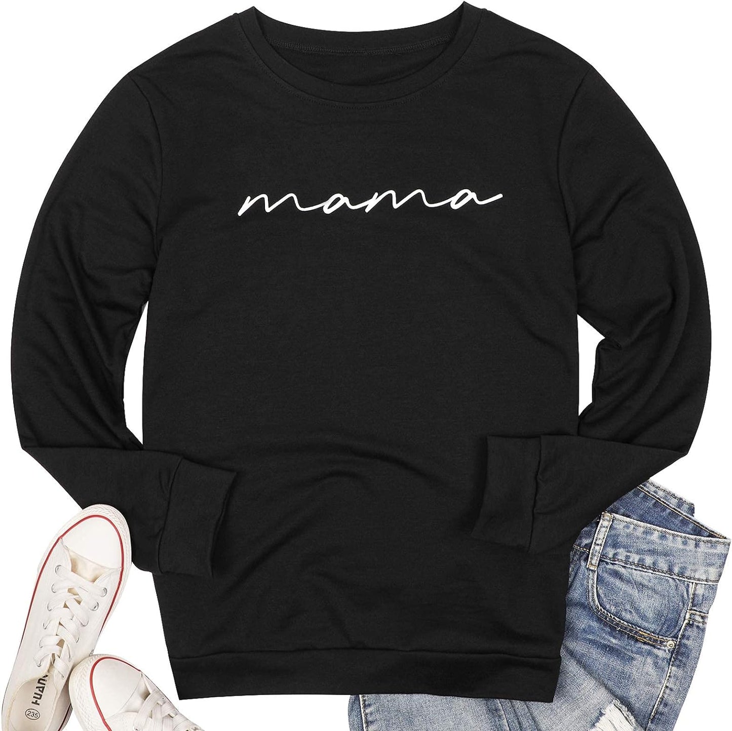 Womens Crewneck Sweatshirt Mama Letter Print Long Sleeve Loose Fashion Pullover Top