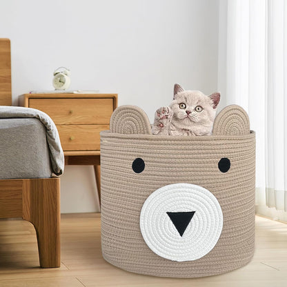 VK VK·LIVING Animal Baskets Large Woven Cotton Rope Storage Basket with Cute Cat Design Animal Laundry Basket Organizer for Towels, Blanket, Toys, Clothes, Gifts – Pet or Baby Gift Baskets 15"Lx14H"