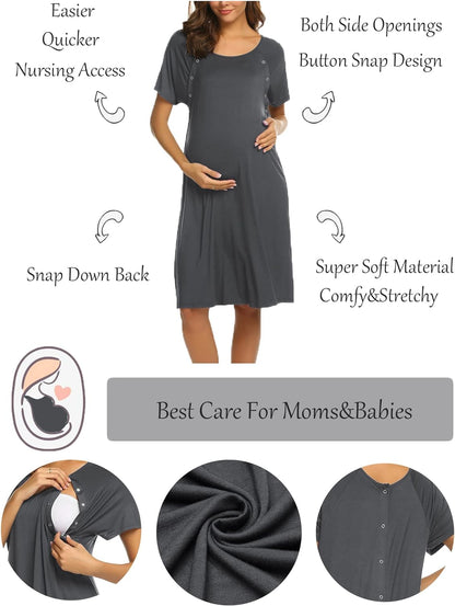 Ekouaer Women’s Nursing/Delivery/Labor/Hospital Nightdress Short Sleeve Maternity Nightgown with Button S-XXL