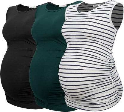 Smallshow Women's Maternity Tank Tops Sleeveless Ruched Pregnancy Clothes 3-Pack