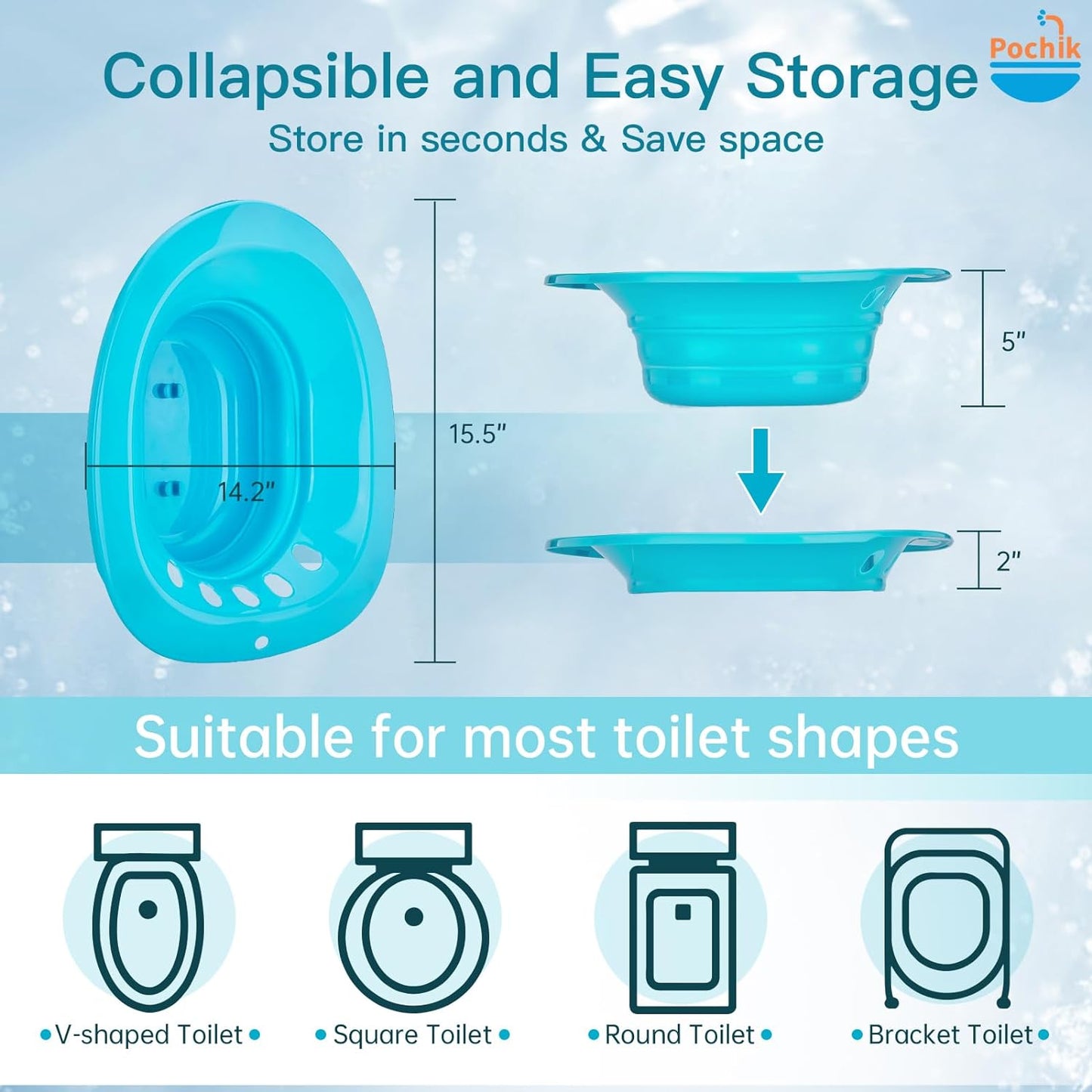 Pochik Sitz Bath, Sitz Bath for Hemorrhoids, Sitz Bath for Toilet Seat, Postpartum Care, Sits Bath Kit for Women, Collapsible, Flusher Hose, Drain Holes, Wider Seating Area, Deeper Bowl