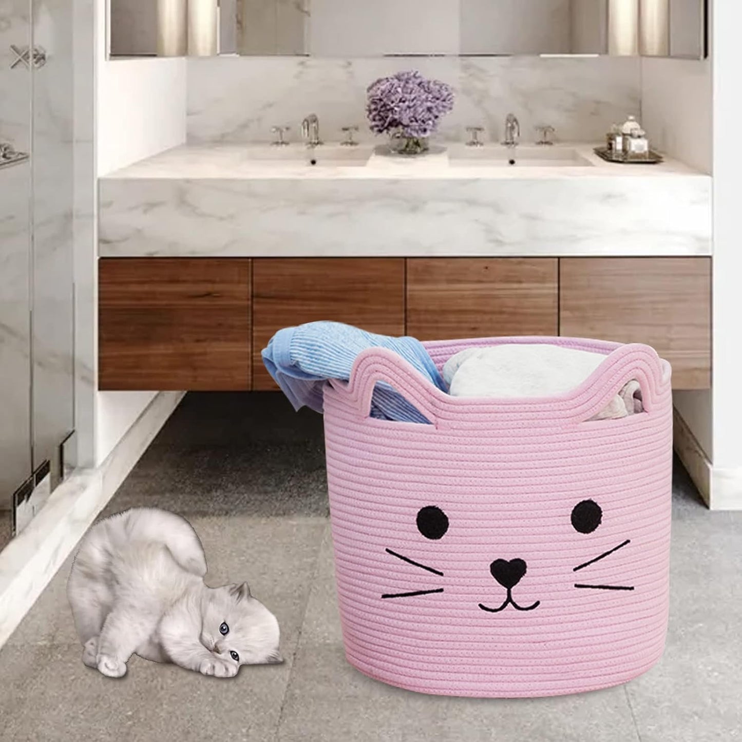 VK VK·LIVING Animal Baskets Large Woven Cotton Rope Storage Basket with Cute Cat Design Animal Laundry Basket Organizer for Towels, Blanket, Toys, Clothes, Gifts – Pet or Baby Gift Baskets 15"Lx14H"