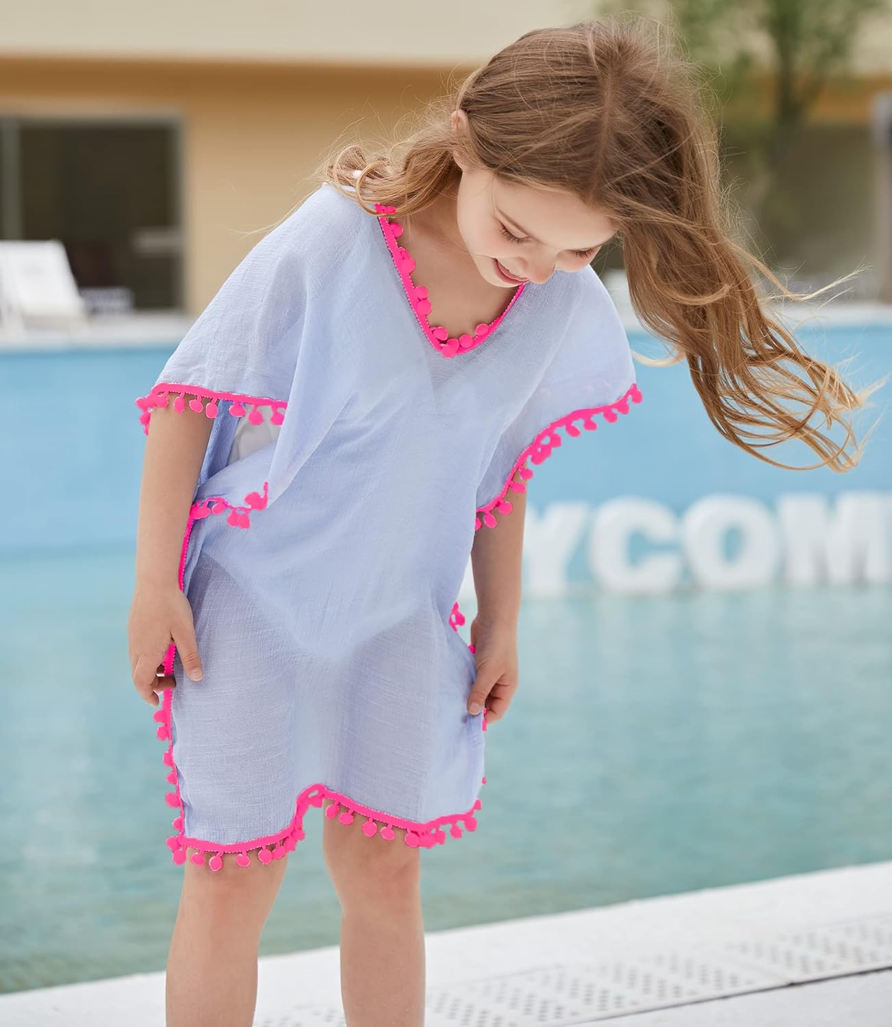 MissShorthair Girls Swim Cover Up Beach Swimwear Coverup Swimsuit Wraps with Pom Pom Trim