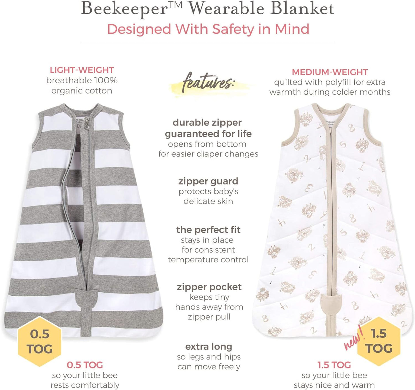 Burt's Bees Baby Unisex-Baby Beekeeper Wearable Blanket, 100% Organic Cotton, Swaddle Transition Sleeping Bag