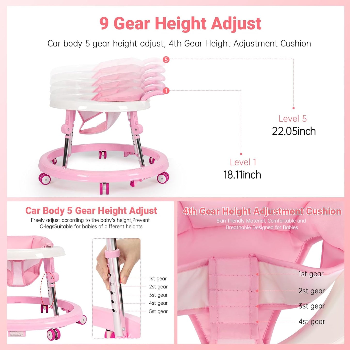 Wismind Baby Walker Foldable with 9 Adjustable Heights, Baby Walkers and Activity Center for Boys Girls Babies 6-12 Months, Baby Walker and Bouncer Combo with Wheels Portable Anti-Rollover