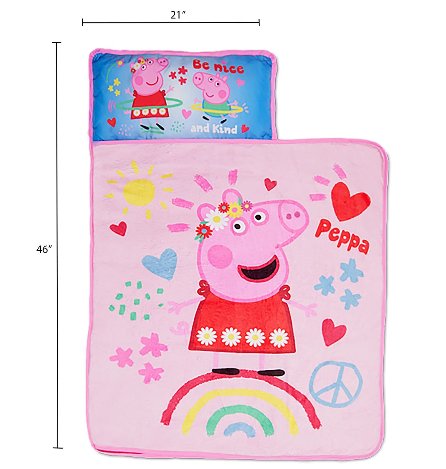 Peppa Pig I'm Just So Happy Toddler Nap-Mat - Includes Pillow and Fleece Blanket – Great for Girls or Boys Napping during Daycare or Preschool - Fits Toddlers