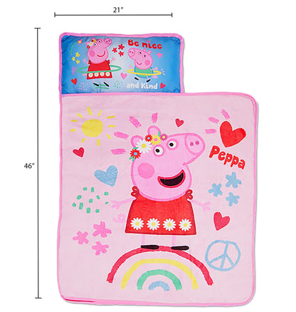 Peppa Pig I'm Just So Happy Toddler Nap-Mat - Includes Pillow and Fleece Blanket – Great for Girls or Boys Napping during Daycare or Preschool - Fits Toddlers