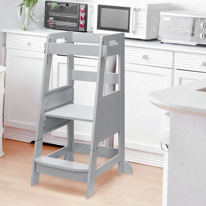 TOETOL Bamboo Toddler Step Stool Grey Learning Standing Helper Tower for Toddlers Kitchen Stools Counter 3 Height Adjustable Helper with Non-Slip Mat