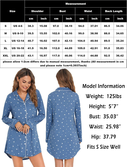 Leikar Nightgowns For Women Button Down Pajamas Dress Short Sleeve Sleepwear S-XXL