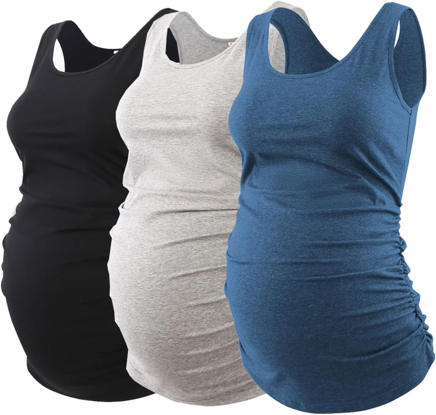 Ecavus 3PCS Womens Layering Maternity Tank Top Pregnancy Shirt Scoop Neck Sleeveless Ruched Vest