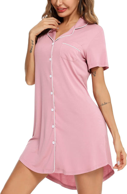 Leikar Nightgowns For Women Button Down Pajamas Dress Short Sleeve Sleepwear S-XXL