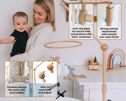 Sorrel + Fern Wooden Baby Crib Mobile Arm - Baby Mobile Holder Arm (31 inch, 100% Natural Beech Wood) - Strong Anti Slip Attachment - Nursery Décor