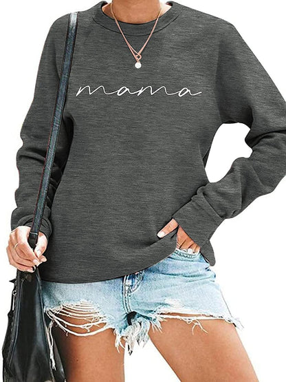 Womens Crewneck Sweatshirt Mama Letter Print Long Sleeve Loose Fashion Pullover Top