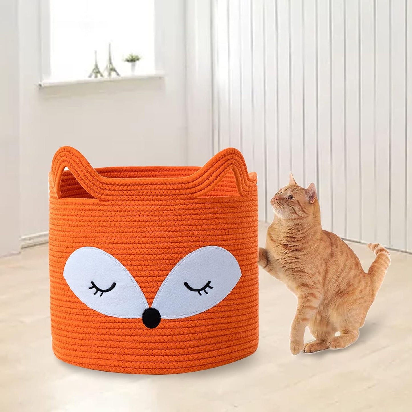 VK VK·LIVING Animal Baskets Large Woven Cotton Rope Storage Basket with Cute Cat Design Animal Laundry Basket Organizer for Towels, Blanket, Toys, Clothes, Gifts – Pet or Baby Gift Baskets 15"Lx14H"