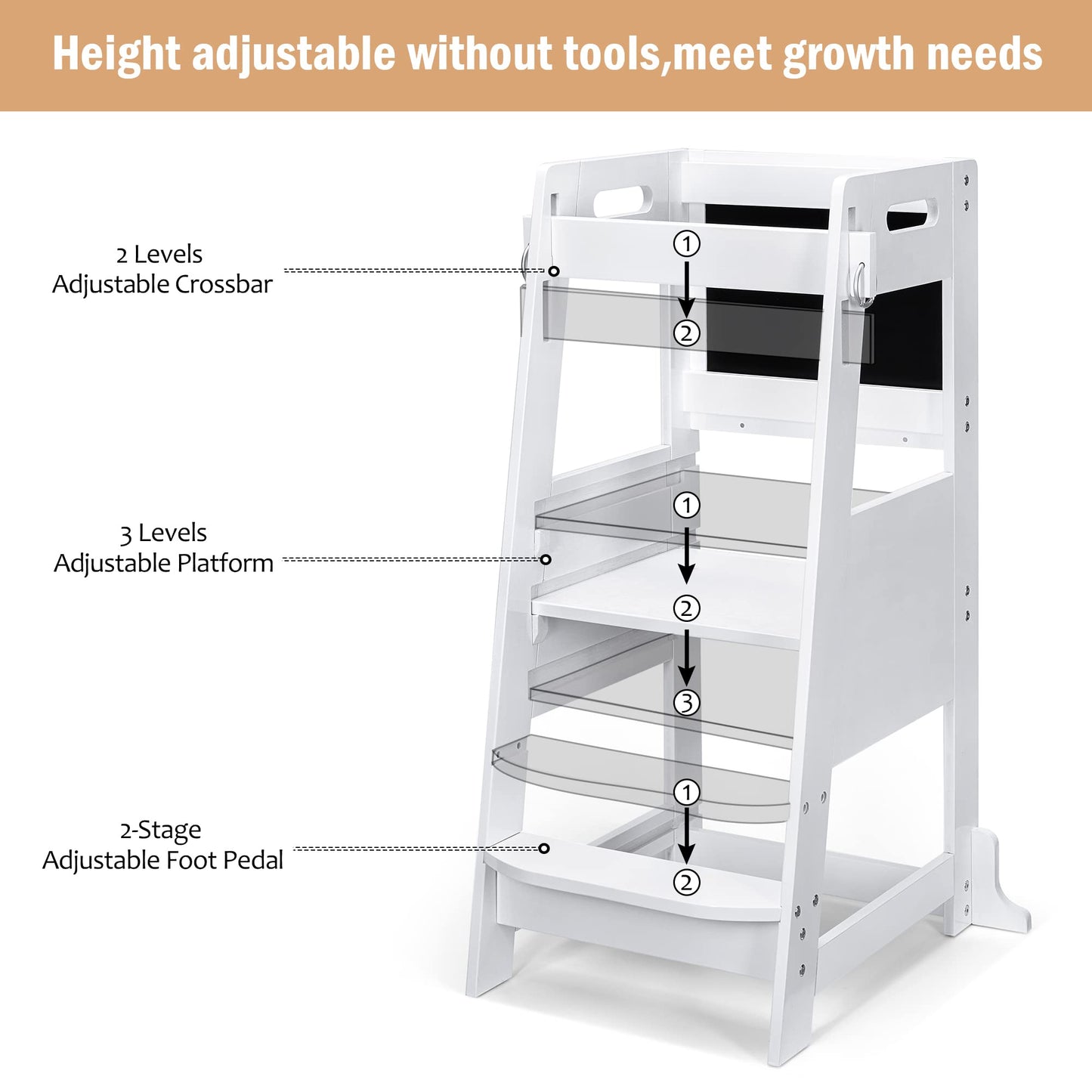 TOETOL Bamboo Toddler Step Stool Grey Learning Standing Helper Tower for Toddlers Kitchen Stools Counter 3 Height Adjustable Helper with Non-Slip Mat