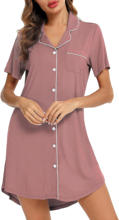 Leikar Nightgowns For Women Button Down Pajamas Dress Short Sleeve Sleepwear S-XXL