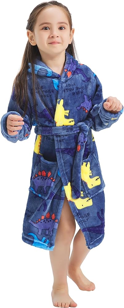 ECHERY Boys Girls Robe Hooded Bathrobe Toddler Robes Soft Coral Fleece Pajamas Unisex Dressing Gown for Kids