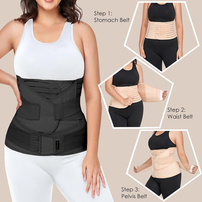 3 in 1 Postpartum Belly Band Wrap Support Recovery Girdles Abdominer Binder Post Surgery Belly&Waist&Pelvis Support Belt & Back Brace(Black, Small/Medium)