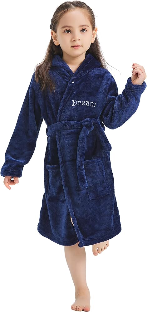 ECHERY Boys Girls Robe Hooded Bathrobe Toddler Robes Soft Coral Fleece Pajamas Unisex Dressing Gown for Kids