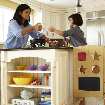 Guidecraft Classic Kitchen Helper® Stool and 2 Keepers - Natural: Wooden Adjustable Height, Folding Kitchen Step Stool for Toddlers, Chalkboard and Whiteboard Message Boards, Supports Up to 125lbs