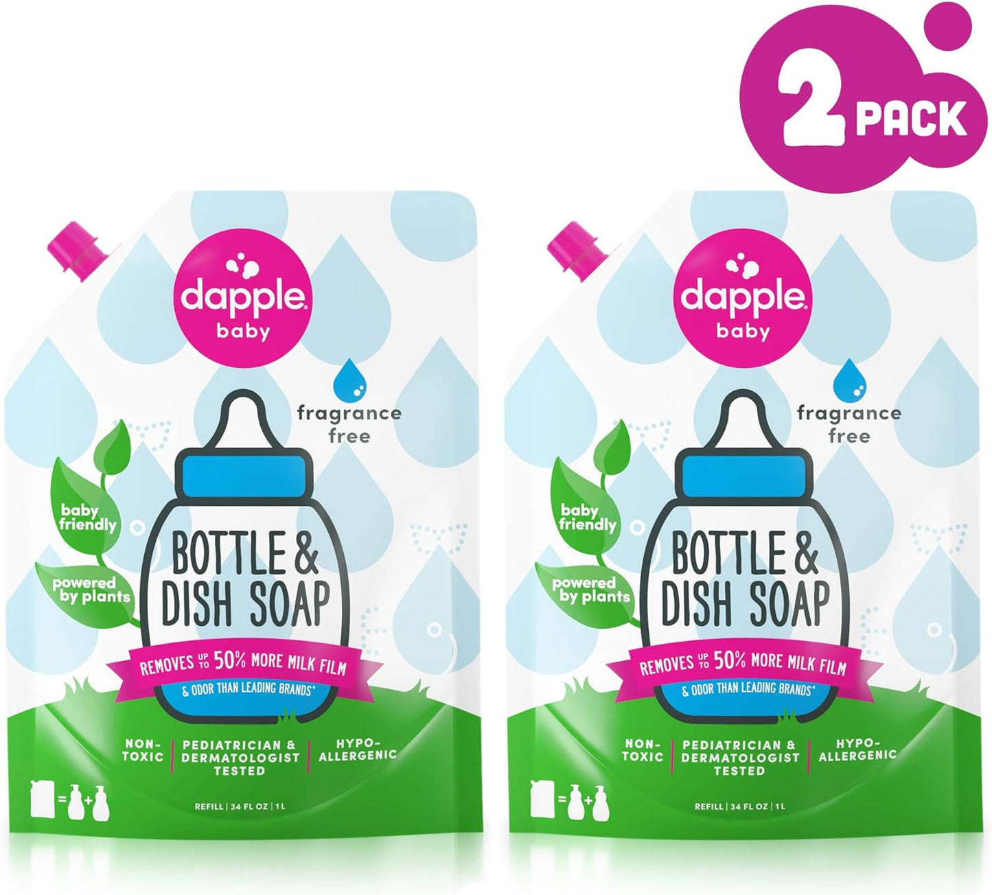 Dapple Bottle and Dish Soap Baby, Hypoallergenic, Plant-Based, Fragrance Free, 3 Fl Oz (Pack of 2)