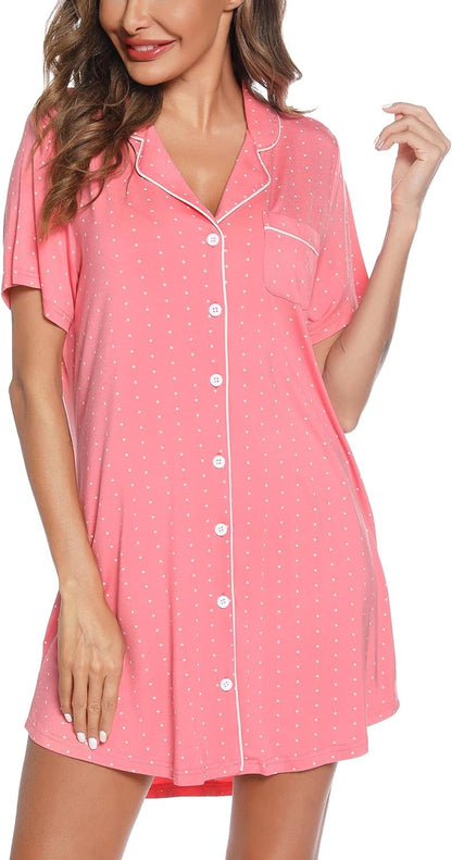 Leikar Nightgowns For Women Button Down Pajamas Dress Short Sleeve Sleepwear S-XXL