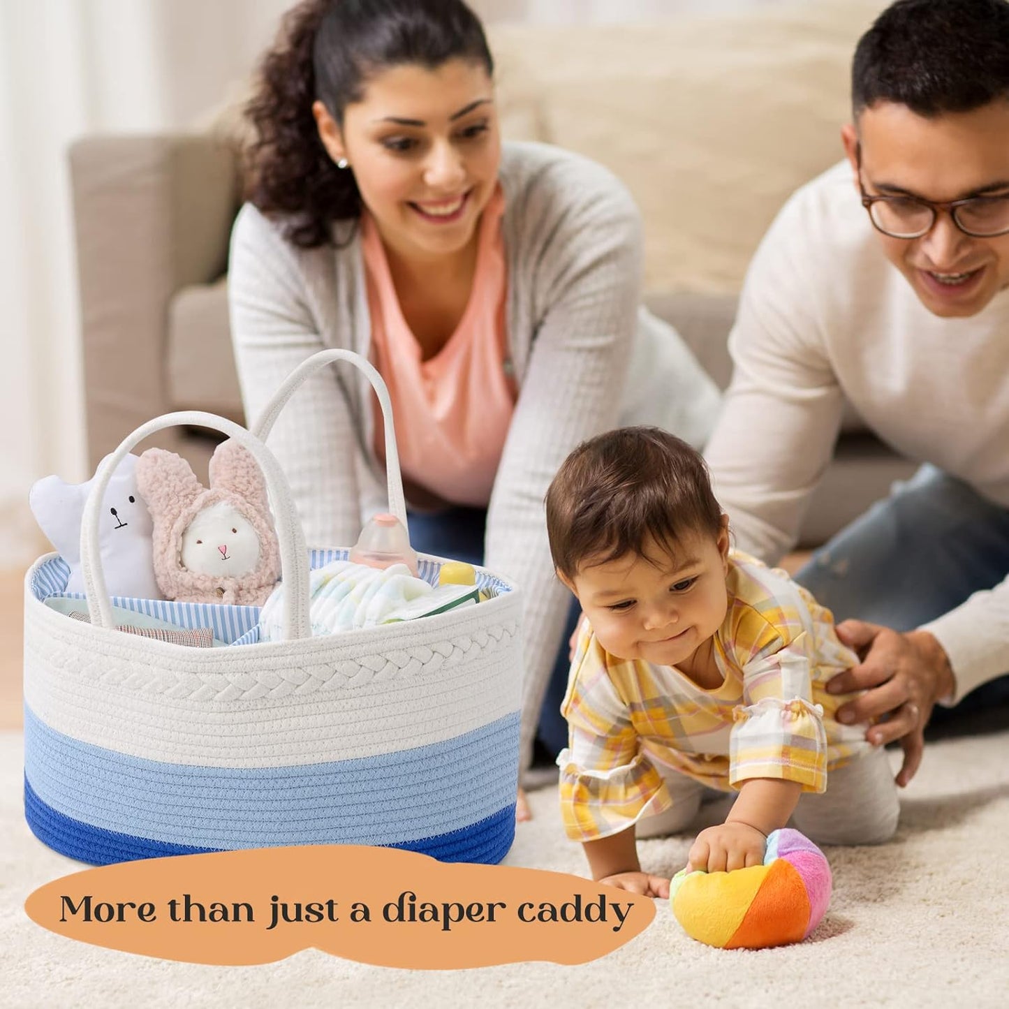 luxury little Diaper Caddy Organizer, Large Cotton Rope Nursery Basket, Changing Table Baby Diaper Storage Portable Car Organizer with Removable Divider, Baby Shower Gifts - White