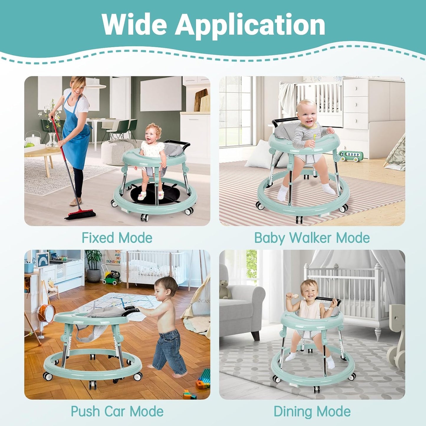 Wismind Baby Walker Foldable with 9 Adjustable Heights, Baby Walkers and Activity Center for Boys Girls Babies 6-12 Months, Baby Walker and Bouncer Combo with Wheels Portable Anti-Rollover