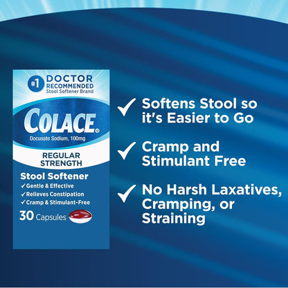 Colace Regular Strength Stool Softener 100 mg Capsules 60 Count Docusate Sodium Stool Softener for Gentle Dependable Relief