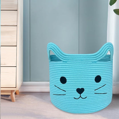 VK VK·LIVING Animal Baskets Large Woven Cotton Rope Storage Basket with Cute Cat Design Animal Laundry Basket Organizer for Towels, Blanket, Toys, Clothes, Gifts – Pet or Baby Gift Baskets 15"Lx14H"