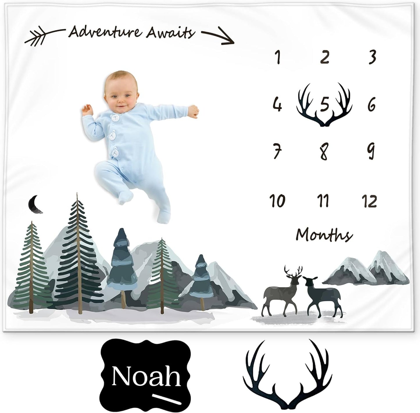 KEMINA BLANKETS Baby Monthly Milestone Blanket Boy - Milestone Blanket for Baby Boy Includes Felt Frame and Personalized Board, Adventure Mountain Month Blanket Woodland Nursery, Baby Shower 50x40