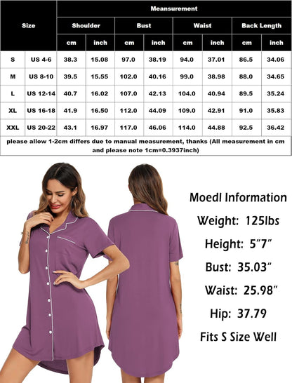 Leikar Nightgowns For Women Button Down Pajamas Dress Short Sleeve Sleepwear S-XXL