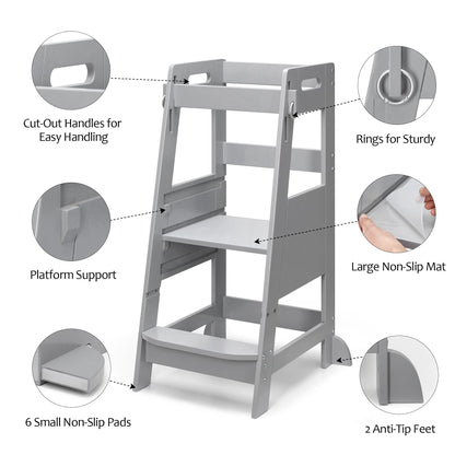 TOETOL Bamboo Toddler Step Stool Grey Learning Standing Helper Tower for Toddlers Kitchen Stools Counter 3 Height Adjustable Helper with Non-Slip Mat