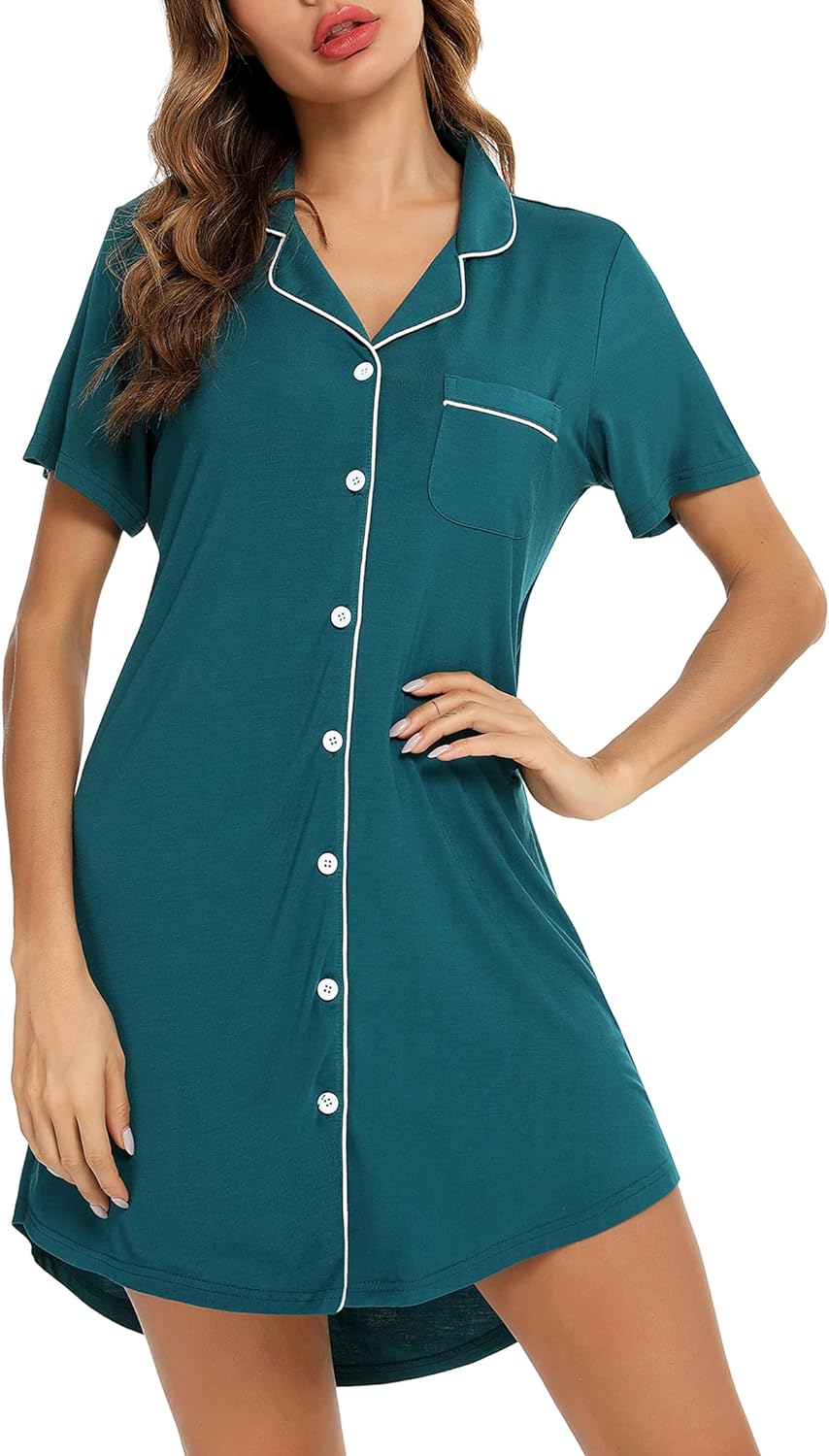 Leikar Nightgowns For Women Button Down Pajamas Dress Short Sleeve Sleepwear S-XXL