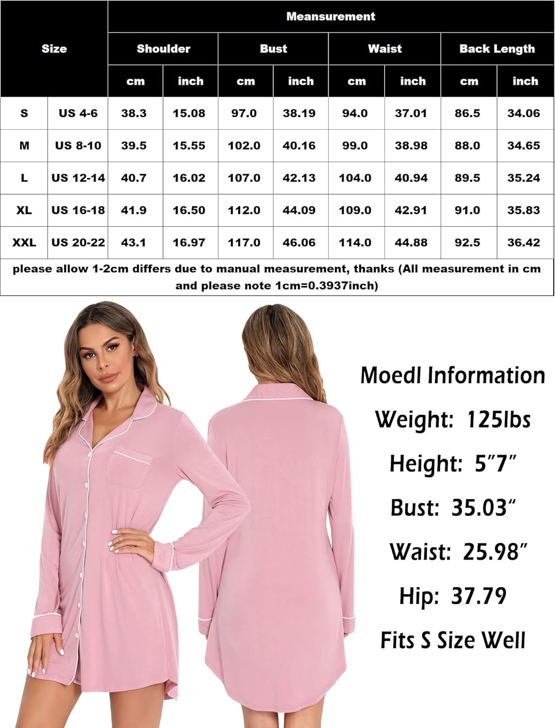 Leikar Nightgowns For Women Button Down Pajamas Dress Short Sleeve Sleepwear S-XXL