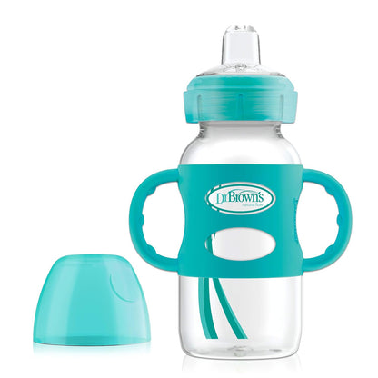 Dr. Brown's Milestones Wide-Neck Sippy Spout Bottle with 100% Silicone Handles, Easy-Grip Handles with Soft Sippy Spout, 9oz/270mL, Green & Gray, 2-Pack, 6m+