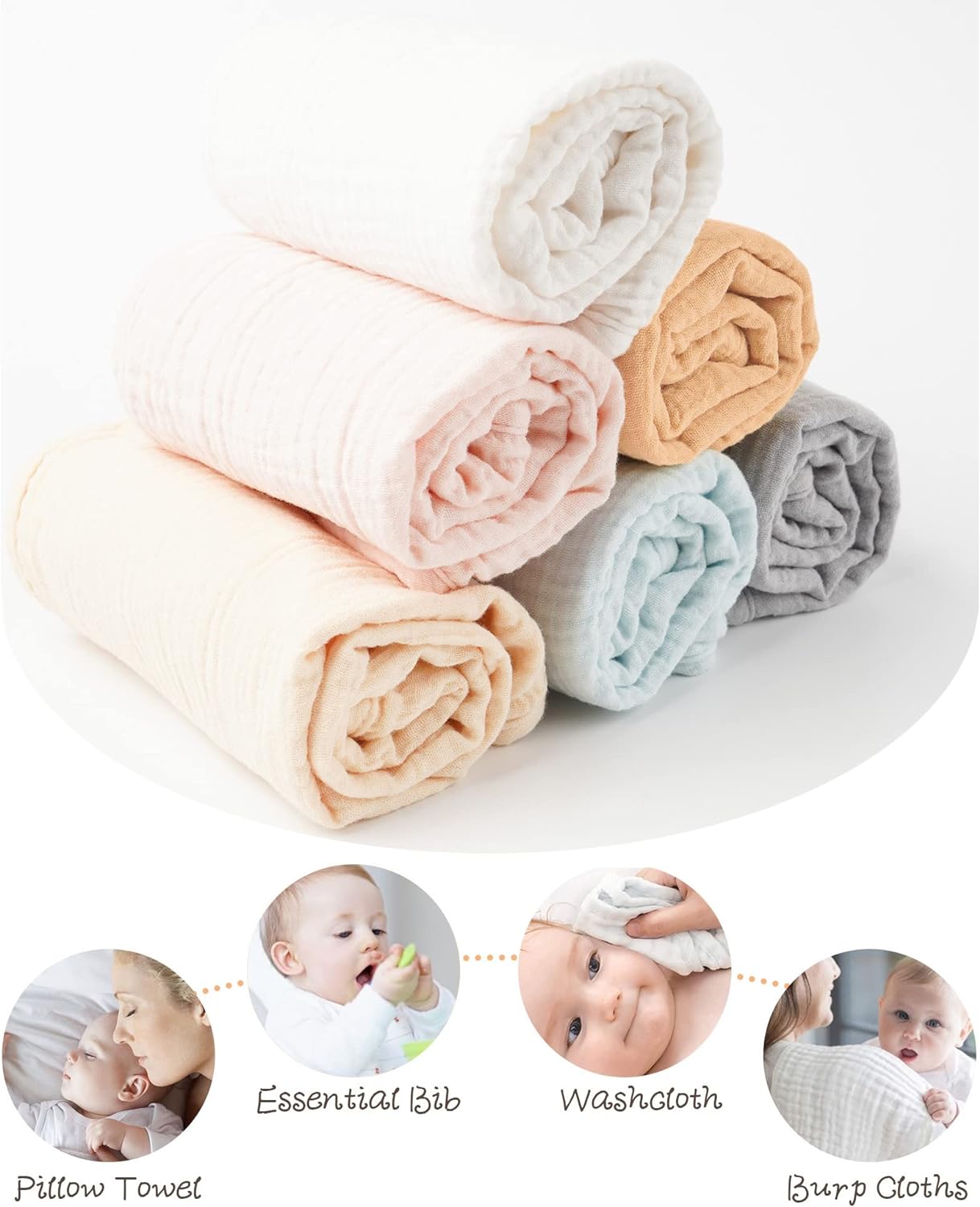 Konssy Muslin Baby Burp Cloths Sets for Unisex- 6 Pack Large 100% Cotton Burping Clothes for Newborn，Baby Girls and Boys