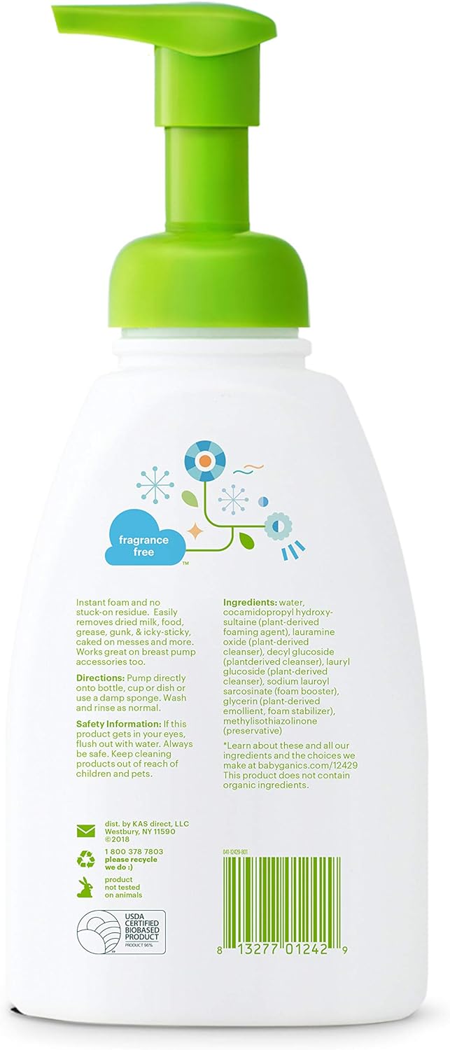 Babyganics Foaming Dish & Bottle Soap, Pump Bottle, Fragrance Free, Plant-Derived Cleaning Power, Removes Dried Milk, 16 Fl Oz