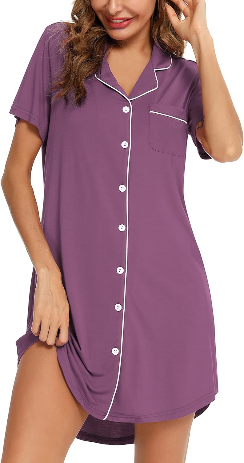 Leikar Nightgowns For Women Button Down Pajamas Dress Short Sleeve Sleepwear S-XXL