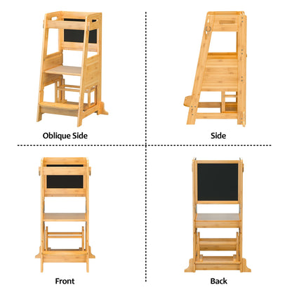 TOETOL Bamboo Toddler Step Stool Grey Learning Standing Helper Tower for Toddlers Kitchen Stools Counter 3 Height Adjustable Helper with Non-Slip Mat