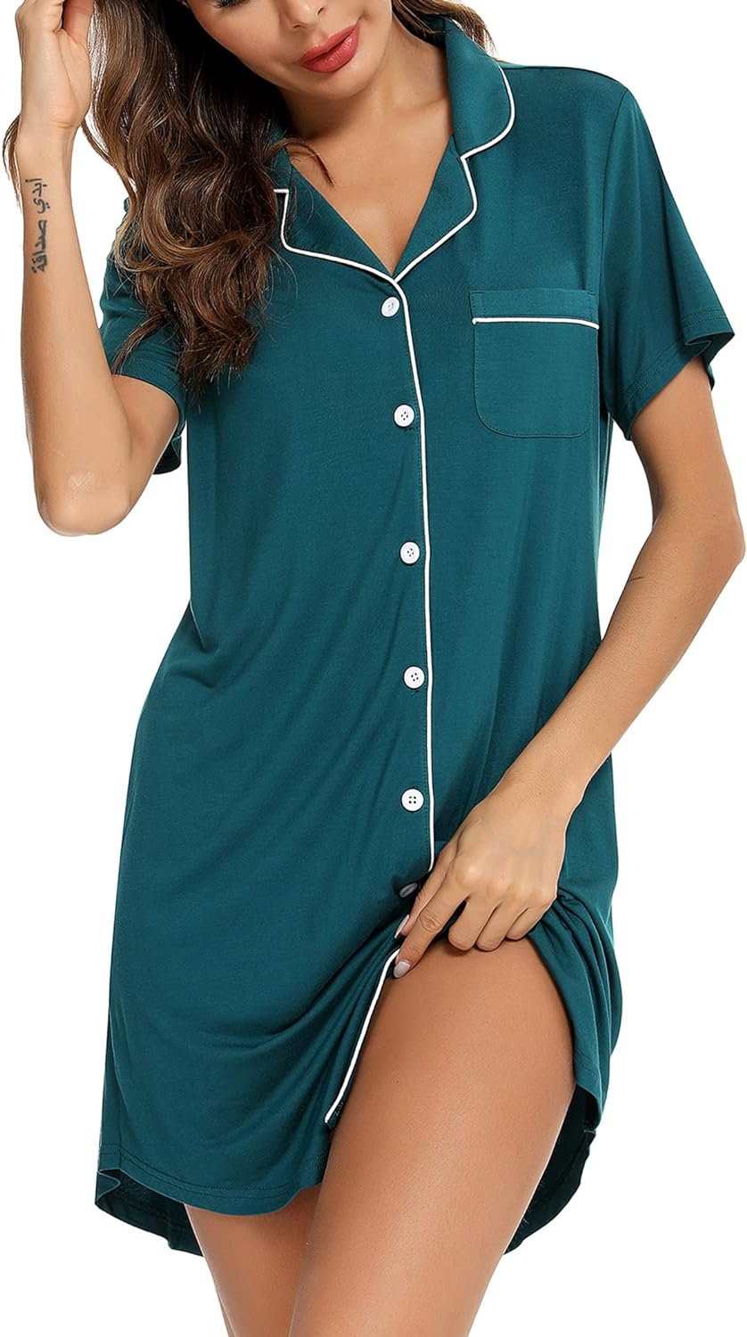 Leikar Nightgowns For Women Button Down Pajamas Dress Short Sleeve Sleepwear S-XXL