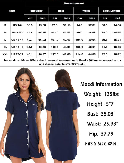 Leikar Nightgowns For Women Button Down Pajamas Dress Short Sleeve Sleepwear S-XXL