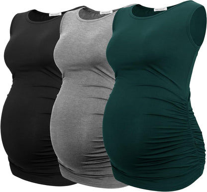 Smallshow Women's Maternity Tank Tops Sleeveless Ruched Pregnancy Clothes 3-Pack