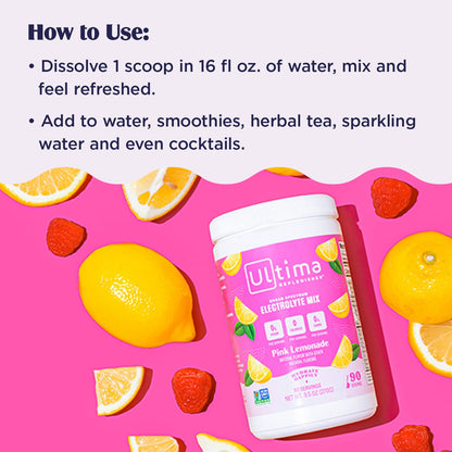 Ultima Replenisher Hydration Electrolyte Powder- 90 Servings- Keto & Sugar Free- Feel Replenished, Revitalized- Naturally Sweetened- Non- GMO & Vegan Electrolyte Drink Mix- Pink Lemonade