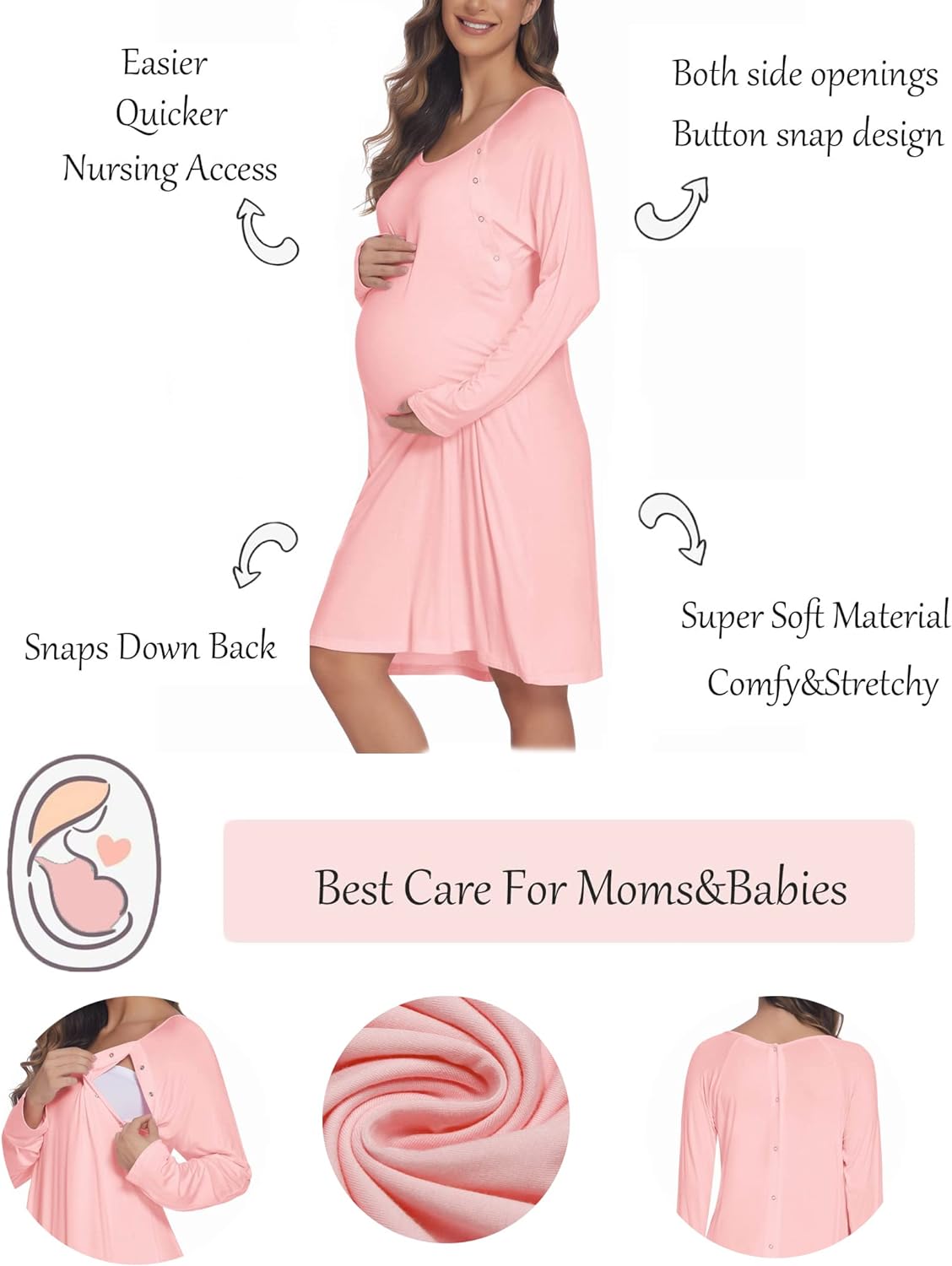 Ekouaer Women’s Nursing/Delivery/Labor Nightgown Long Sleeve Maternity Sleepshirt for Breastfeeding with Button