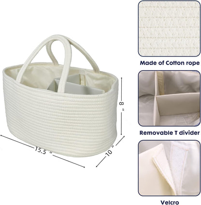 Baby Diaper Caddy Organizer for Girl Boy Cotton Rope Nursery Storage Bin Basket Portable Holder Tote Bag for Changing Table Car Travel Baby Shower Gifts Newborn Registry Must Have Items oatmeal